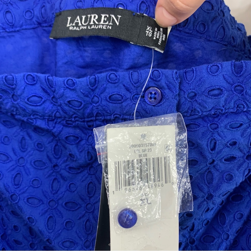 NWT Lauren Ralph Lauren Eyelet Cotton Button Blue Off The Shoulder Blouse, XL - Picture 3 of 13